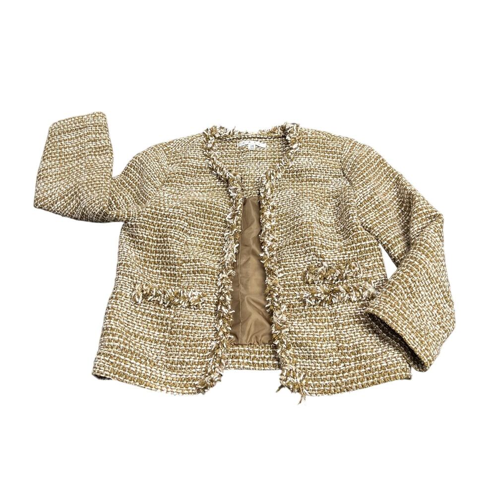 CAbi‎ Blazer Womens XS Beige Gold Tweed Fringe Collarless Ladies Jacket Classic